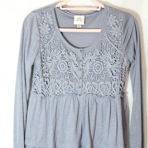 Blue Boho Long-Sleeved Top with Crochet Accents